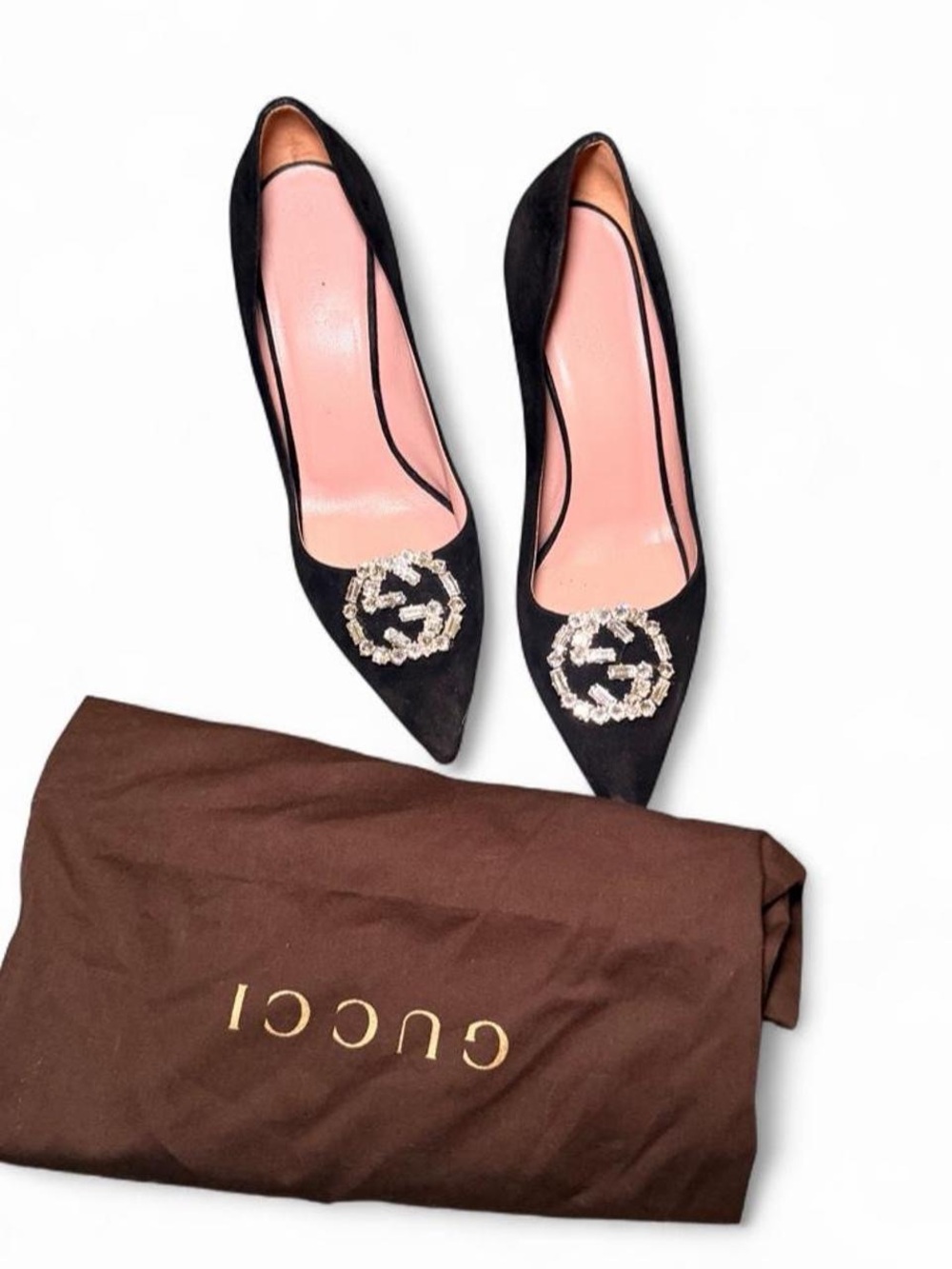 Gucci Black Suede Pointed Crystal GG Pumps with Pink Lining